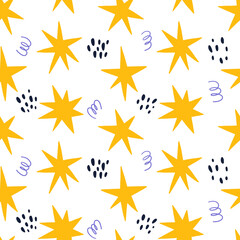 Simple Seamless Pattern with Yellow Stars, Swirls and Spots on White Background. Perfect for Wrapping Paper and Children Textile