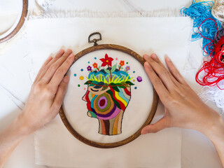 hand embroidery craft hobby human head brain mind health mental lotus spiritual art therapy...