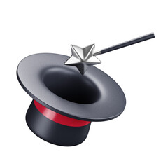 3D cartoon user interface illustration of a magic hat with magic wand icon on an isolated background. With studio lighting and a gradient colourful texture. 3D rendering