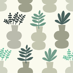 Fototapeta na wymiar Hand painted seamless pattern with plants in green, beige and grey on cream background.