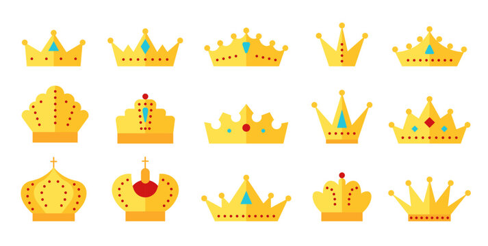 Crown gold flat icon set. King majestic luxury tiara. Prince queen princess diadem imperial authority symbol. Crowns monarch golden jewelry wealth sign. Royal heraldic decoration isolated on white