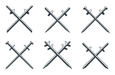 Sword crossed heraldry cartoon flat icon set. Weapon medieval isolated sharp. Old military sign. Battle emblem army. War cartoon sign. Antique design cutlass. Blade vintage collection