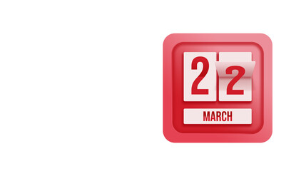 March 22nd. Day 22 of month, Calendar date. Calendar in the form of a mechanical scoreboard red timetable tableau on white.   Spring month, day of the year concept.