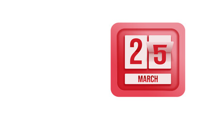 March 25th. Day 25 of month, Calendar date. Calendar in the form of a mechanical scoreboard red timetable tableau on white.   Spring month, day of the year concept.