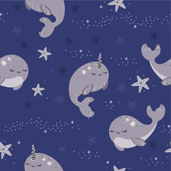 Obraz na płótnie Canvas Seamless vector pattern. Cute whales and narwhals, starfish, bubbles. Gentle and cute pattern 