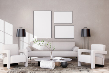 Mock up poster frame in modern interior background, living room,