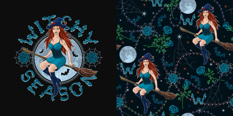 Set of halloween pattern, label with young beautiful witch flying on broomstick, text, silhouette of bats, full moon, blue roses, stars, spiderweb, string of black pearls. Vintage style.