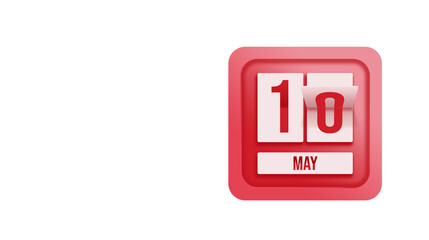 May 10th. Day 10 of month, Calendar date. Calendar in the form of a mechanical scoreboard red timetable tableau on white.   Spring month, day of the year concept.