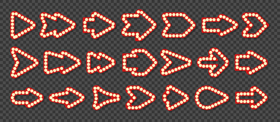 Arrow retro illuminated neon border big icon set. Electric bulb advertising billboard element. Nightclub signboard pointer. Bar night banner. Festival circus casino cinema sign. Lamp glowing signage