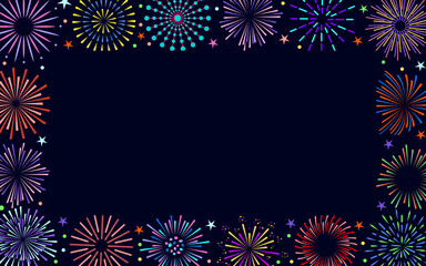 Fireworks color bright border. Celebration fire firework frame for christmas new year poster, firecracker night festival banner, birthday party card. Vintage sunburst bursting sun radial rays beams - obrazy, fototapety, plakaty