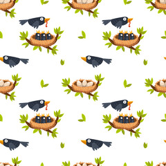 a bird feeds chicks in a nest, a nest with eggs on a branch. Seamless pattern, vector illustration