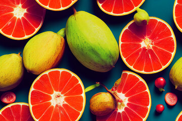 Nahtloses Muster mit tropischen Früchten. Tropische exotische Früchte Hintergrund, viele bunte reife tropische Früchte 3D-Illustration. © Viks_jin