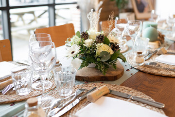 The wedding decor with a white flowers bouquet