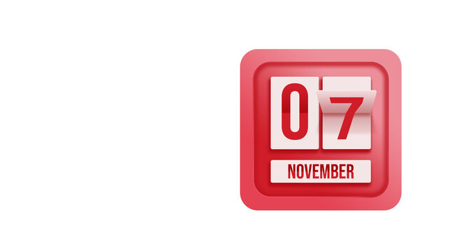 November 7th. Day 7 of month, Calendar date. Calendar in the form of a mechanical scoreboard red timetable tableau on white.   Autumn month, day of the year concept.
