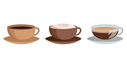 Set of coffee in cup on white background. Vector collection of coffee elements in flat style. Cappuccino, espresso, mocha, latte.