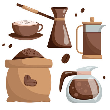 Collection of coffee elements on white background. Vector coffee set in flat style. Cappuccino, kettle, coffee bag