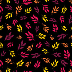 Colorful leaves seamless pattern with black background.