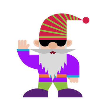 Greeting Gnome in black glasses. Cute Cartoon hipster character. Funny Dwarf Greets. Christmas Santa Claus.
