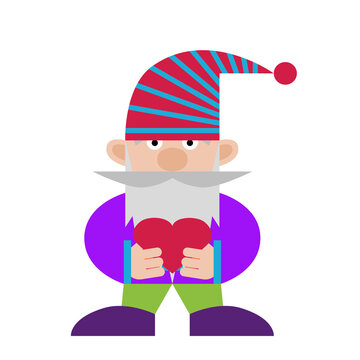 Gnome with heart .Cute Cartoon hipster character. Funny dwarf holding valentine day simbol. 
