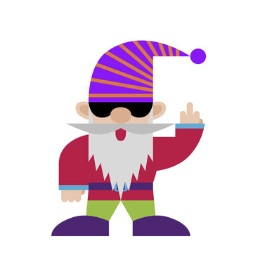Gnome in black glasses shows fuck gesture. Funny dwarf shows middle finger and tongue. Cute Cartoon hipster character. Christmas Santa Claus tease.
