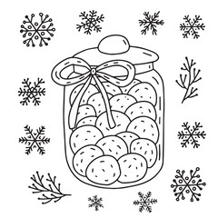 Vector hand drawn glass jar full of cookies isolated. Doodle glass jar with cookies with snowflake Christmas clip art