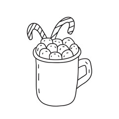 Christmas cup of hot cocoa with marshmallows and candy cane doodle illustration. Vector Christmas dessert