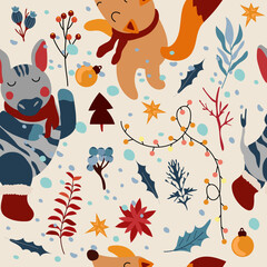 Seamless patterns with winter animals, zebra in a scarf, cute fox, Christmas tree decorations, leaves and flowers. Magic Winter pattern. Vector illustration
