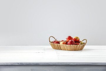 Desk of free space and autumn apples. 