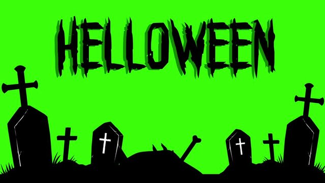 Green background animation video and tombstones saying happy helloween