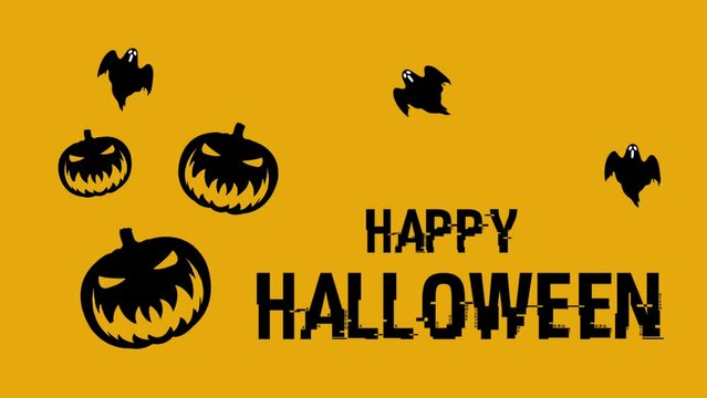 Orange background animation video saying happy helloween and laughing pumpkin