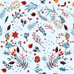 Seamless patterns with winter flowers, Christmas tree decorations, garland, bright flower and colorful leaves. Magic winter pattern. Vector illustration.