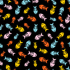 Fototapeta na wymiar Black seamless pattern with colorful fishbones.