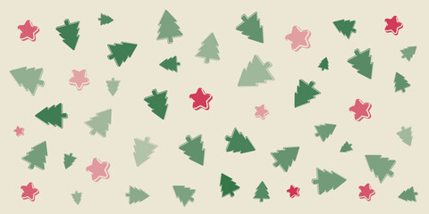 Christmas Background, Banner Template Design with Red Stars and Green Pine Trees Pattern - Vector Illustration