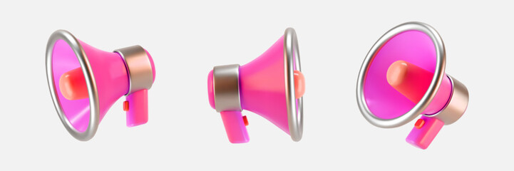 3d pink megaphone icons set isolated on gray background. Render of loudspeaker for announce attention, promotion, hiring, sale and marketing concept. Render 3d cartoon simple vector illustration