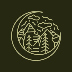 Premium Monoline Mountain Logo Vector, luxury vintage forest Symbol and icon, creative emblem Design Company for business