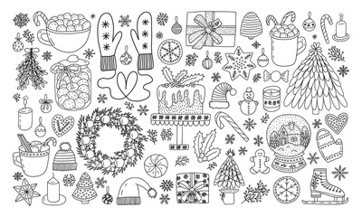 Hand drawn vector Christmas elements set. Big Christmas stickers in doodle style set. Gift boxes, gingerbread cookies, snowflakes and winter desserts