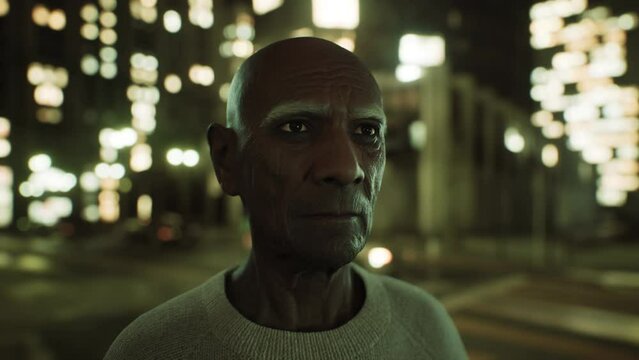 old asian man in big city at night