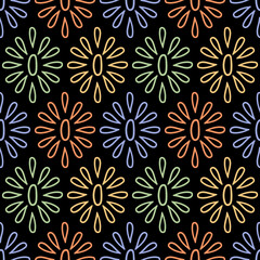 Seamless pattern with colorful outline flowers