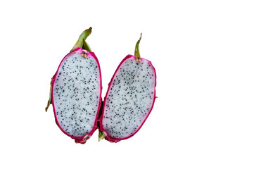 A dragon fruit cut in half on a transparent background.