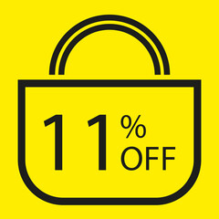 11 percent off. Yellow banner with shopping bag illustration. 