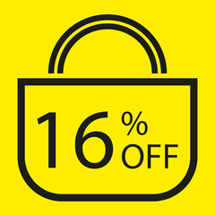 16 percent off. Yellow banner with shopping bag illustration. 