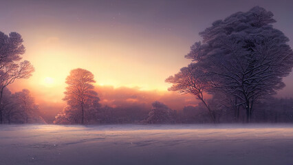 Winter landscape with neon sunset. Snowy flat valley. Colored winter landscape. Frosty winter sunset. 