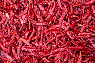 Dry red peppers in high definition background, hot chilli, dried chili with sun light, food preservation concept