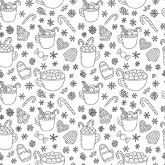 Tasty Christmas desserts doodle seamless pattern. Cocoa with marshmallos and ginger cookies on white background