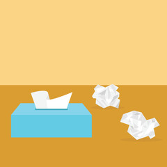 Box of dry napkins with using napkins behind. Seasonal flu and cold. Vector illustration.