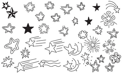 Set of stars. Hand draw dodle space elements. Outline. Vector illustration.