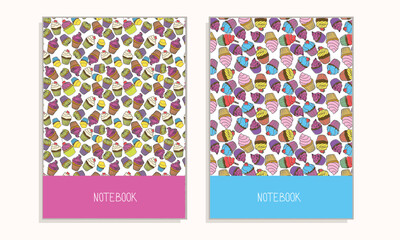 Set of cover for notebook or any documents with cupcake and muffin. Vector illustration.