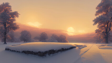 Winter landscape with neon sunset. Snowy flat valley. Colored winter landscape. Frosty winter sunset. 