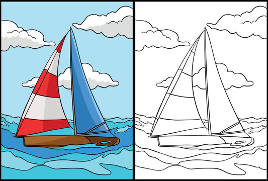 Sailing Coloring Page Colored Illustration