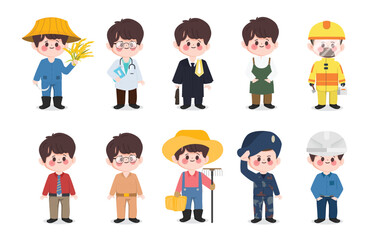 Cute cartoon hand drawn thai job character set. Thai teacher, farmer,doctor,lawyer,air force, engineer,soldier and government uniform character. People in government job character.